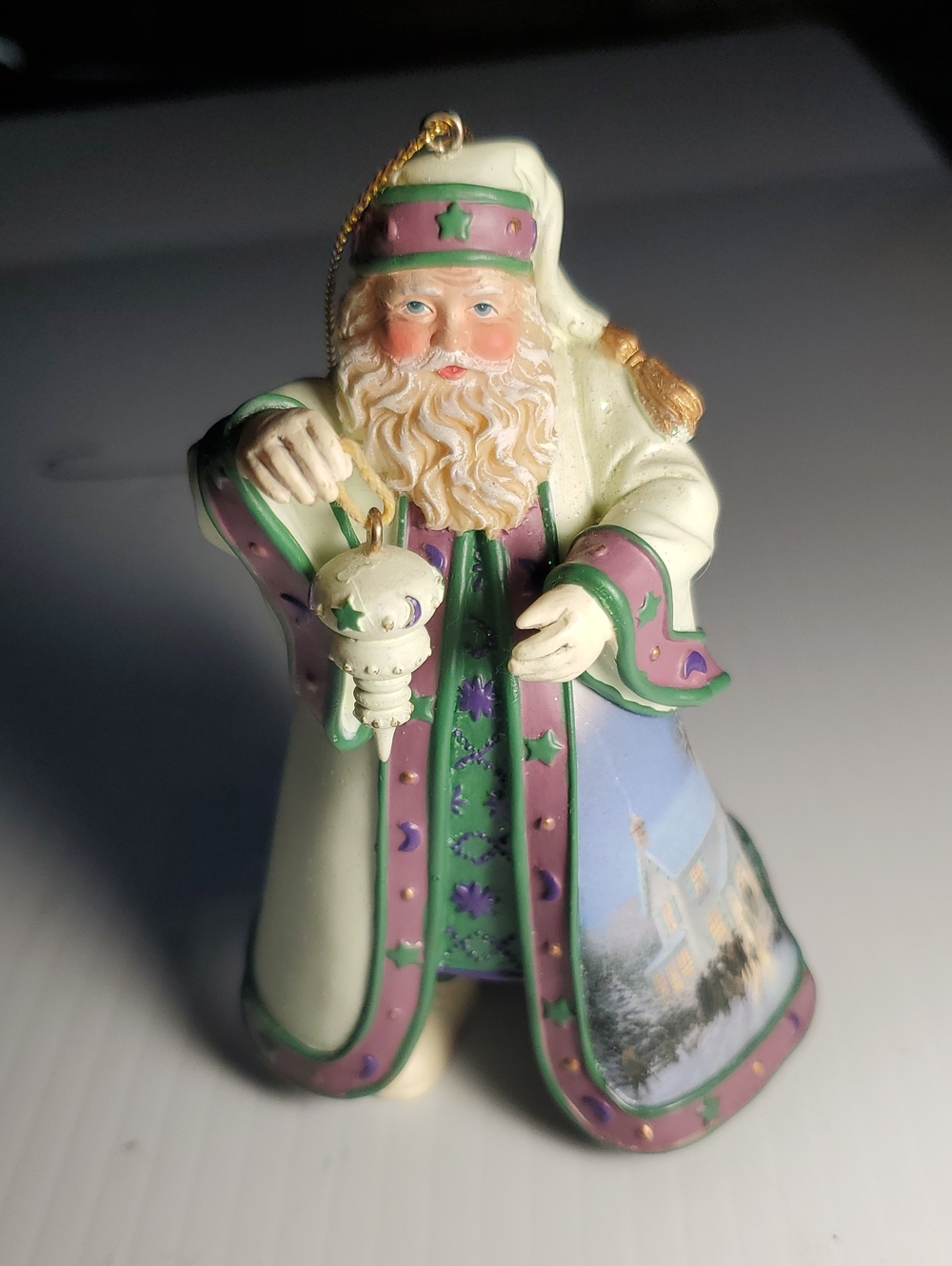 Thomas Kinkade Cream, Purple, Green Santa Ornament 5